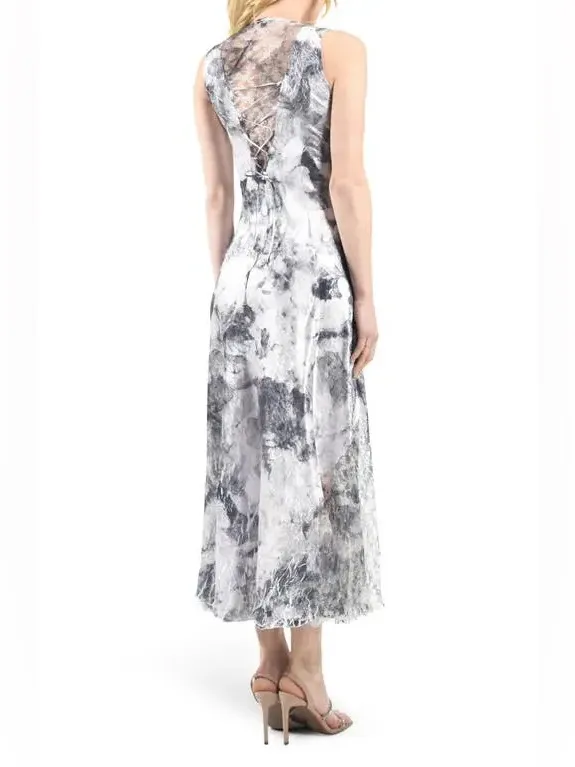 Komarov Lace-Up Back Charmeuse Sleeveless Maxi Dress Watercolor Floral Large - Image 2