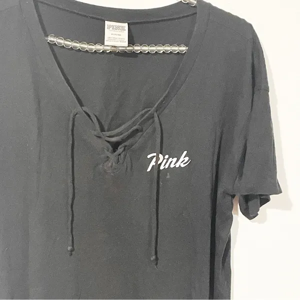 Victorias Secret Pink Medium Black Spellout Lace Up‎ Neck Short Sleeve Top - Image 2