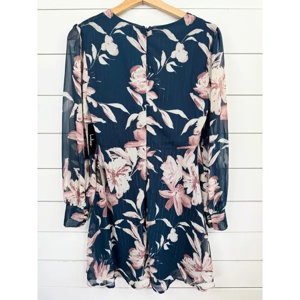 Lulus Mini Dress M Navy Floral Metallic Sheer Long Sleeve Twisted Front V-Neck - Image 4