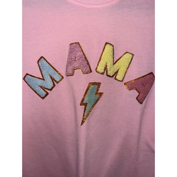 Simply Southern Pink Mama Chenille Patch Sweatshirt M Lightning Bolt Glitter MOM - Image 2