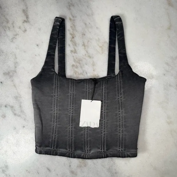 Zara Charcoal Washed Denim Corset Crop Top Structured Bustier Cotton Wmns Small - Image 2