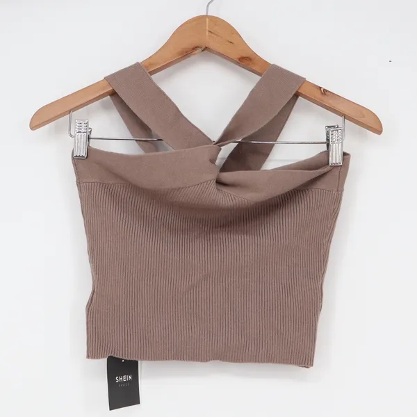 SHEIN Basics Taupe Brown Ribbed Twisted Front Halter Crop Top M - Image 6