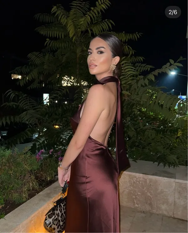 Zara maxi halter scarf satin Elegant Burgundy Brown Evening Wedding Dress - Image 10