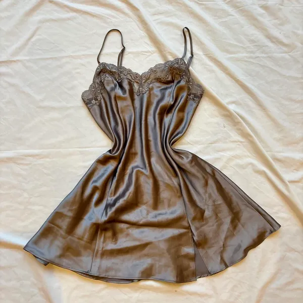 Victoria’s secret vintage 90’s grey silver Slip Dress with floral lace trim - Image 2