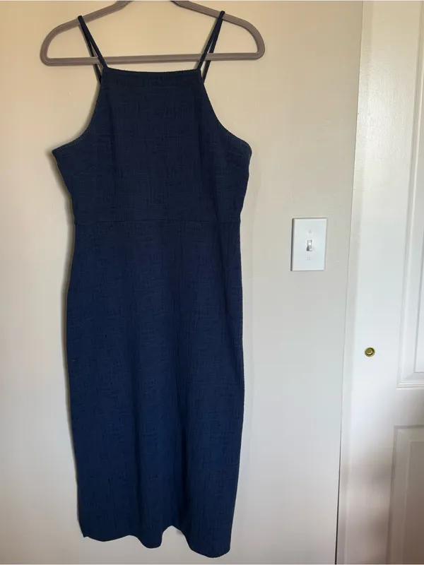 Madewell Blue Navy Indigo Knit Texture Knee-Length Midi Apron Cami Dress Size M - Image 3
