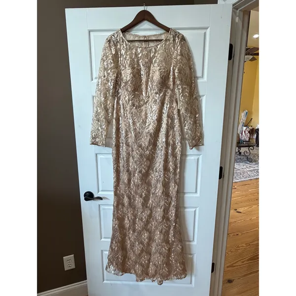 Eliza J Champagne Sequin Lace Long Sleeve Formal Gown Size 14 Evening - Image 3