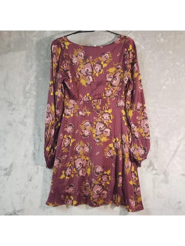 Free People Mini Dress Floral Print Long Sleeve Maroon Size 6 - Image 3