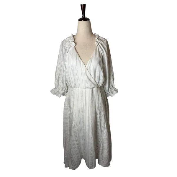 Maison Tara Midi Dress Womens 10 White Striped Excellent Ruffle Wrap V-Neck Puff - Image 2