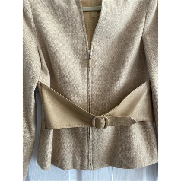 Penta Belted Zip Front Wool Jacket Womens Size 4 Tan Camel Professional Blazer - Image 4