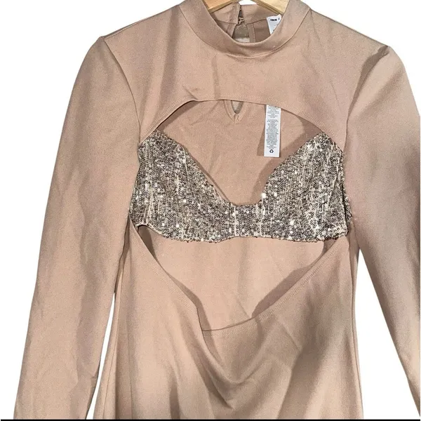 NEW Asos Design Womens Sz 6 Beige High Neck Cut Out Sequin Holiday Winter Dress - Image 3
