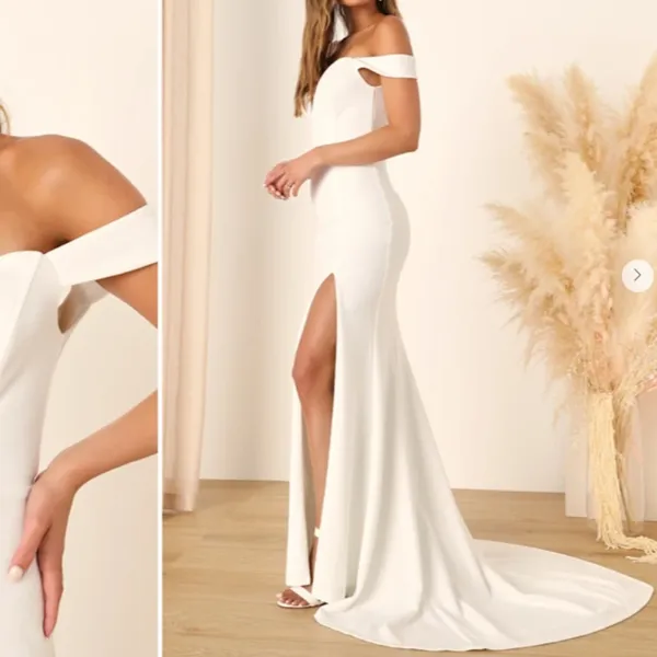 LULU's Bridal Wedding Chic Modern Sexy Off the Shoulder Minimalist Mermaid Gown - Image 4