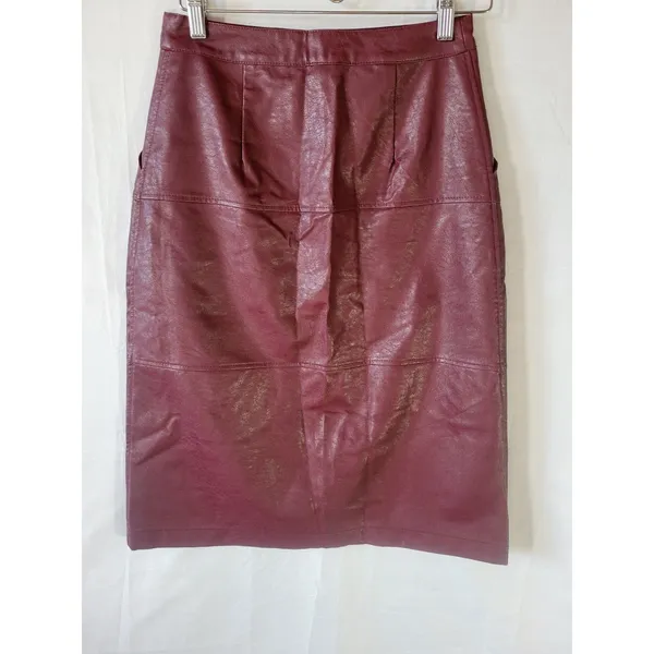 Bohme Faux Leather Skirt Women's Size S Burgundy Button Front Knee Length NWT - Image 3