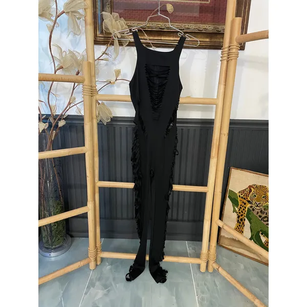 Shane Justin Black Fringe Cutout Bodysuit Runway Catsuit Size M - Image 8