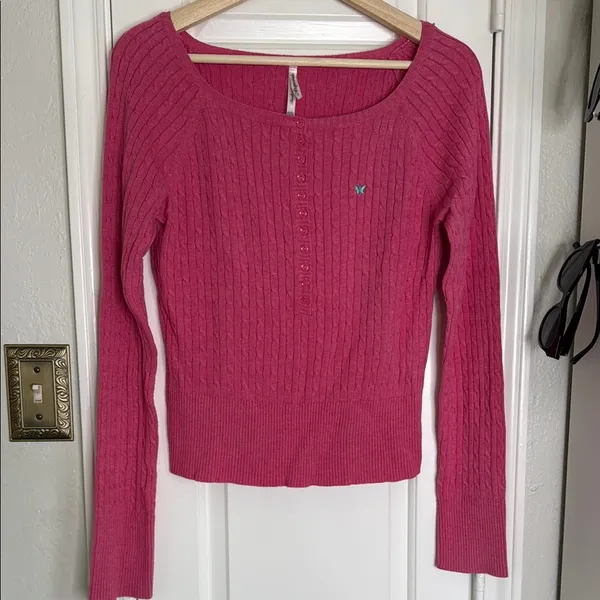 Aeropostale y2k label cableknit cropped half button sweater butterfly logo - Image 2
