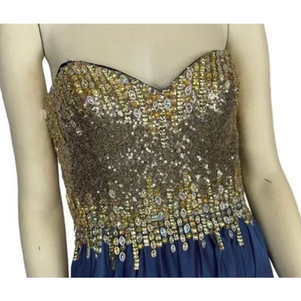 2000s Glow Dress Blue Chiffon Beaded Prom Gown Gold Sequin Formal Strapless S - Image 13