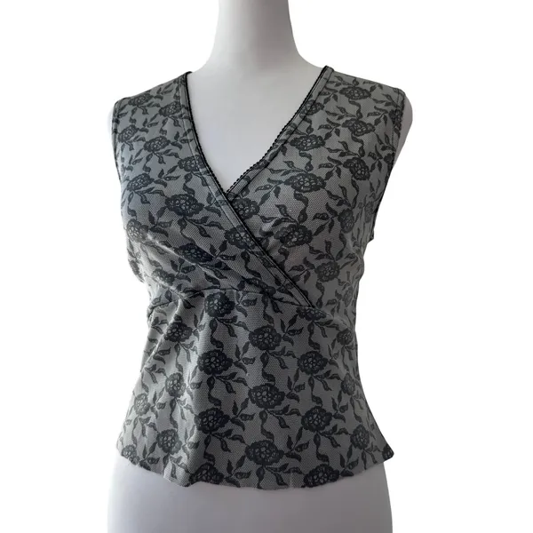 Vintage Y2K Try Gray & Black Floral Print V-Neck Stretchy Tank Top - Image 2