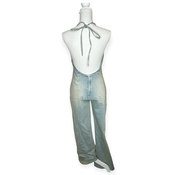 ZARA NWT Denim Jumpsuit. Super Cute And Flattering. Small “ B “ Crystal Do You Represent Barbie But Easily Can Be Taken Off And Not Noticeable - Image 3