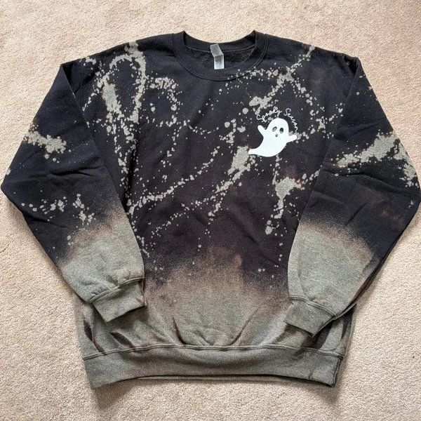 Spooky Season Ghost Bleach Dye Crewneck Sweatshirt Black Gray Size Large - Image 2