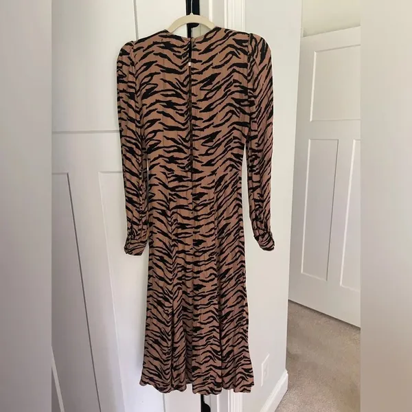 Reformation Brown Creed Button open Back‎ Long Sleeve Slit Dress tiger print - Image 7