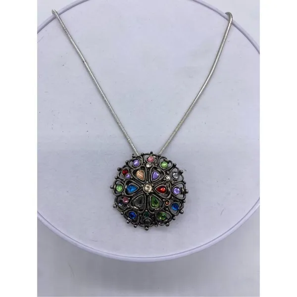 Silver Jeans Lightly domed colorful rhinestone pendant necklace brushed antique silver - Image 3