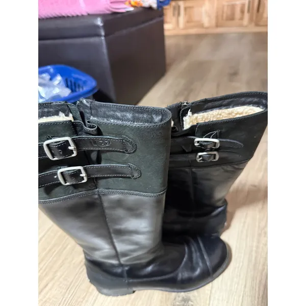 Title: UGG Barolo Tall Black Leather Shearling-Lined Moto Boots Women's 9.5 - Image 7