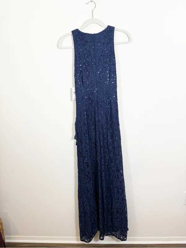 NWT Alex Evenings Sequin Ruched Ruffle A-Line Gown Maxi Dress Navy Blue Size 6 - Image 4