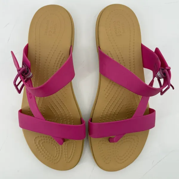 Crocs Tulum Toe Post Sandal Flip Flop Fuchsia Pink Tan Women 8 Buckle Straps - Image 3