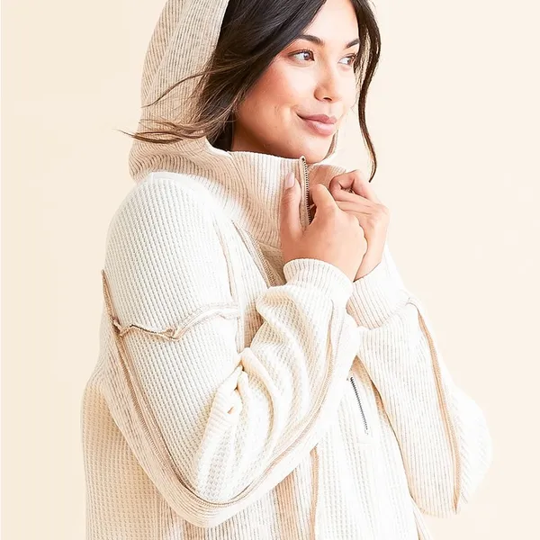 BKE Women’s Waffle Knit Quarter Zip Hoodie Small Cream Hooded Pullover - Image 14