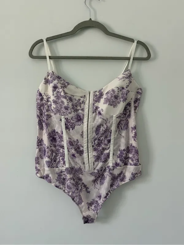 Free People Intimately Night Rhythm Sleeveless Corset Bodysuit Purple Ivory XL - Image 2