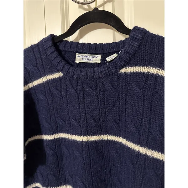 Vintage Women's Blue & White Cable Knit Hathaway House Classics Wool Sweater L - Image 2