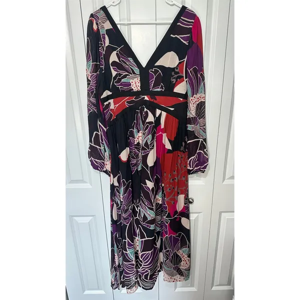 Anthropologie Let Me Be Floral Midi Dress XL Black Floral V-Neck Long Sleeve - Image 2
