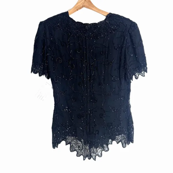 Laurence Kazar Beaded Silk Blouse Womens Small Black Short Sleeve Evening Top - Image 10