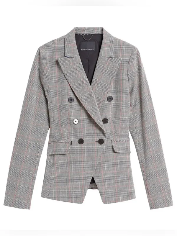 Banana Republic Glen Blazer Jacket Plaid Print Double-Breasted Stretch Size 2 - Image 7