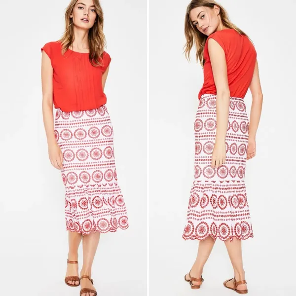 Boden Broderie Embroidered‎ Scalloped Lined Hem Midi Skirt Red White Size 2P - Image 2