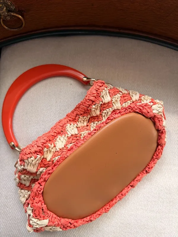 Cute Mini Straw Raffia Crochet Handbag Peach White Coral Purse Beach Boho Bag - Image 4
