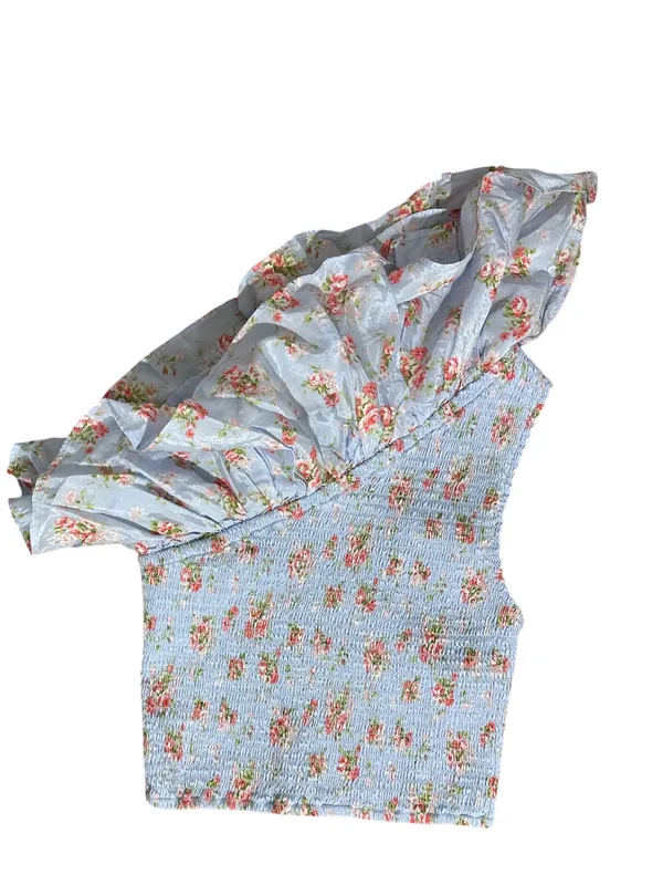 Abercrombie & Fitch NWOT Blue Floral Smocked Ruffle Crop Top Small S - Image 4