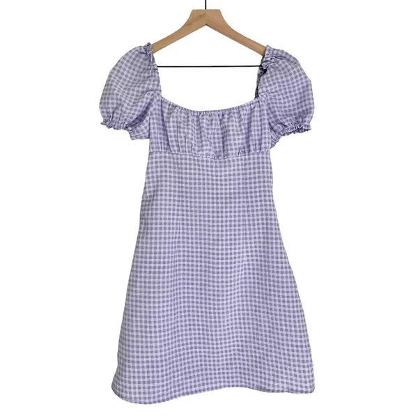 H&M Divided Gingham A Line Square Neck Ruffle Mini Dress Purple Size XS - Image 3