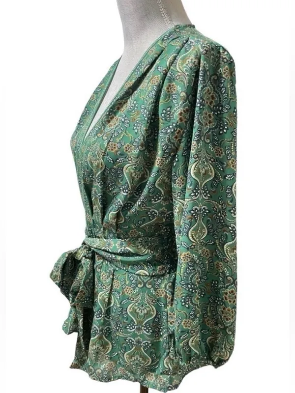 Max Studio Green Paisley Tie Front Peplum Blouse Size Small | Smocked Back V-Nec - Image 3