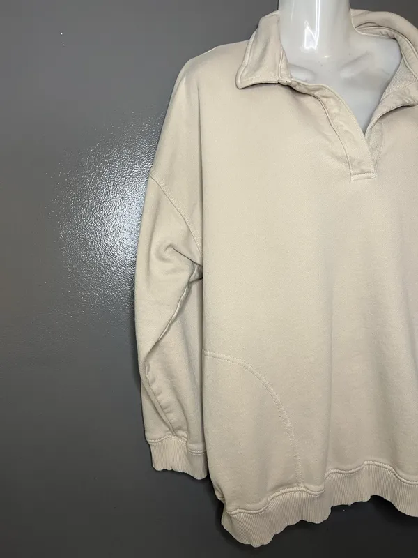 Aerie Sweatshirt Womens Medium Beige Collared V Neck Fleece Pullover Relaxed - Image 3
