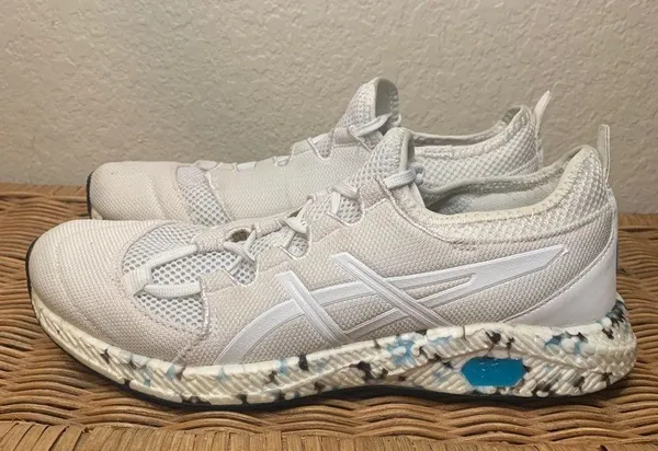 ASICS White and Blue Marbled Gel Sole Asymmetrical Laces Size 10 - Image 4