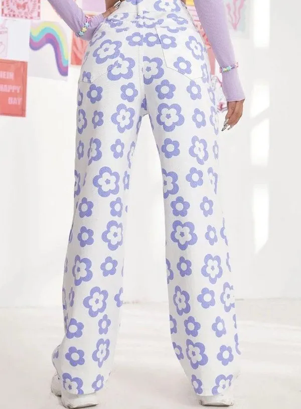 SheIn Purple Floral White Denim High Waisted Pants - Image 2