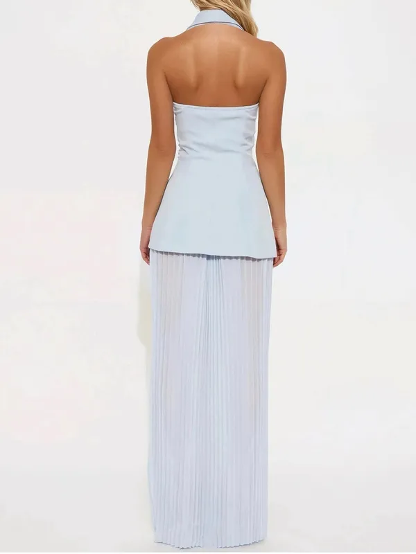 Sleeveless Light Blue Pleated Maxi Skirt - Image 2