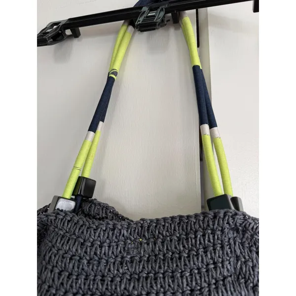 J.Crew‎ Straw Tote Bag Gray Neon Yellow Tassel Rope Handle Shoulder Bag - Image 2
