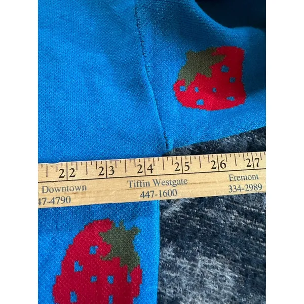 Strawberry Cardigan Women’s XL Open Front Royal Blue & Red Kitschy Fruity Whimsy - Image 5