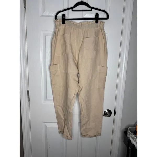 AMADI Anthropoligie 100% Linen Paperbag Wide Leg Cargo Pants Tan Size L‎ - Image 3