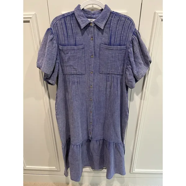 Talulah Cotton Gauze Midi Shirt Dress Size Small‎ Periwinkle Tiered Oversized - Image 2