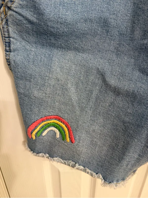 Denim Rainbow Stripe queen embroidered Overalls cut off Shorts women’s size XL - Image 6
