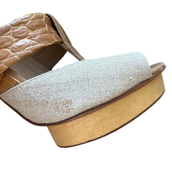 Tory Burch Georgina Linen Platform Heels Croc Leather Peep Toe‎ Sz 9 - Image 12
