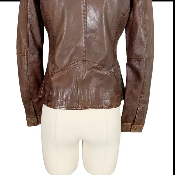 Burns 1876 Leather Embossed Zip Up Jacket Brown Size Small - Image 9