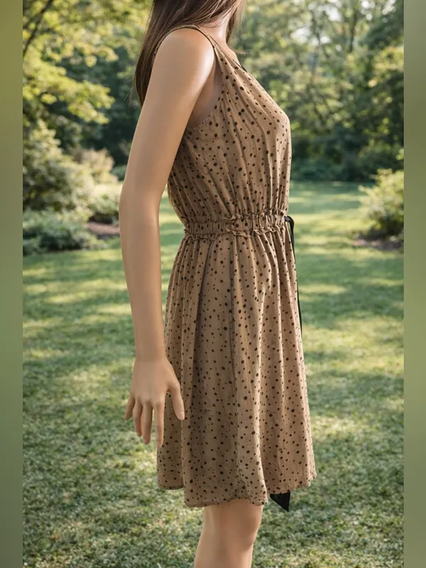 LOFT Petite XS Neutral Polka Dot Dress Tan Black Elastic Waist Lined Summer Mini - Image 4